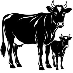 Black and white silhouette of a mother cow and her calf standing together