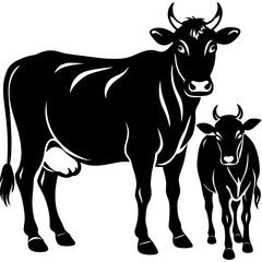 Black silhouette of a mother cow and her calf standing together