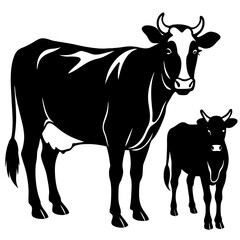 Black and white silhouette of a mother cow and her calf standing together