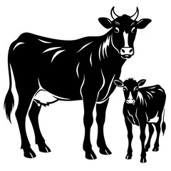 Black and white illustration of a mother cow and her calf standing together
