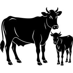 Black silhouette of a mother cow standing with her calf on a white background