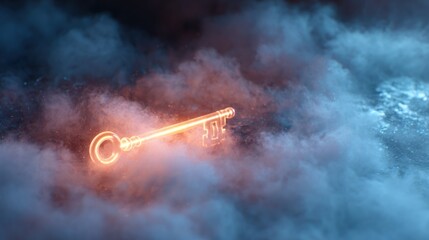 Glowing neon key in smoky clouds