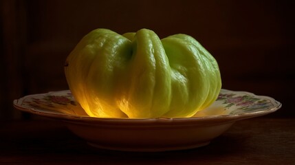 Illuminated green pepper on plate