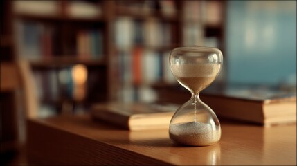 Hourglass on wooden table with books