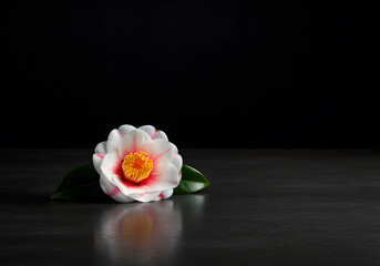 Close up of a White Camellia Flower on Dark Surface