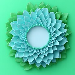 Floral frame with light teal petals and green leaves.  A circle of small teal beads surrounds an empty white space