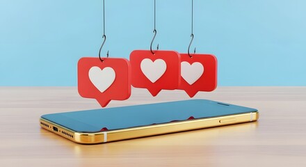 3D Rendered Social Media Like Icon Baits Hooked on Smartphone Concept