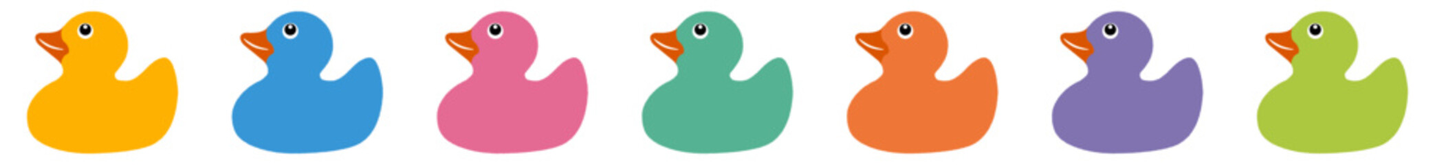 整列するラバーダック（アヒルのおもちゃ）の可愛らしいベクターイラスト、カラフル＆ランダムカラーバージョン。シームレスなボーダー素材｜ラバーダック,アヒル,おもちゃ,カラフル,グラデーション