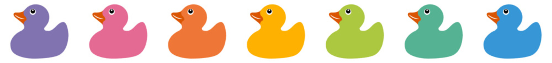 整列するラバーダック（アヒルのおもちゃ）の可愛らしいベクターイラスト、カラフル＆グラデーションバージョン。シームレスなボーダー素材｜ラバーダック,アヒル,おもちゃ,カラフル,グラデーション