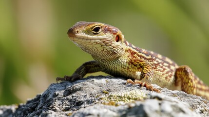 Obraz premium An alert lizard is resting on a textured grey rock