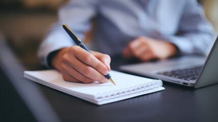 Woman hands writing on notepad with ballpoint pen near laptop computer
