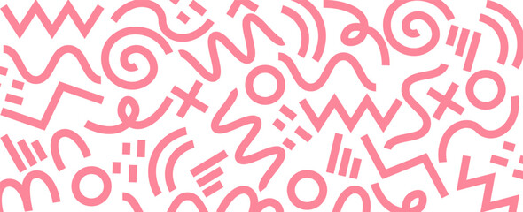 Memphis geometric seamless pattern. Pink pastel abstract background in retro 80s, 90s style with various shapes: circles, semicircles, dots, zigzags, spirals, wavy lines. vector