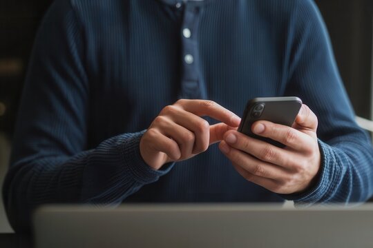 Person browsing the internet on their phone with laptop in front