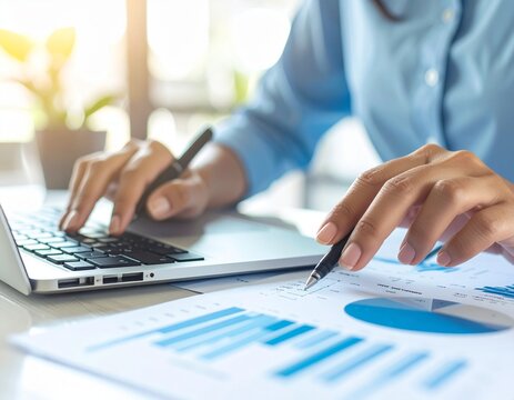 Accounting process with calculator, business chart and laptop, small business finance, planning strategy, and personal or professional financial management. Business bookkeeping payroll and tax.