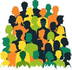 Vector silhouette of layered silhouettes of people forming a crowd with white background.