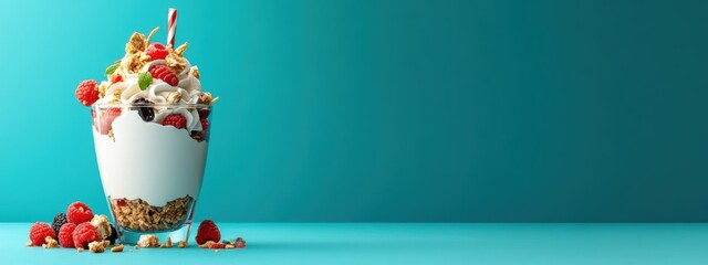 A witchcore trifle, a layered dessert with cream, berries, and granola in a glass, positioned on the left against a vibrant turquoise backdrop in high definition.