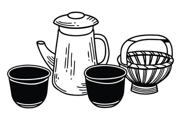 Simple black and white illustration of a tea pot, two cups and a woven basket, perfect for various designs.