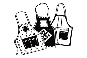 Three stylized aprons with different decorative designs in black and white with a simple outline and white background.