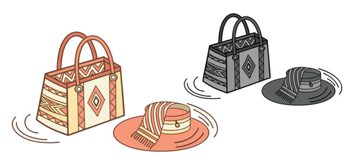 Vector illustration of a beach bag and hat set with patterned designs for summer vacation time.