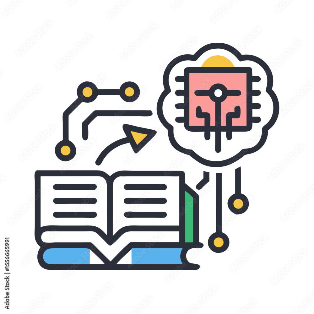 Poster digital learning concept: book connecting to cloud computing processor with circuitry