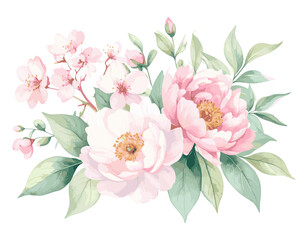 Elegant Watercolor Peonies and Cherry Blossoms Floral Arrangement, watercolor flowers, vector watercolor flowers, Beautiful vintage flower, Watercolor flower collection