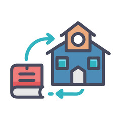 Home Learning and Education Concept Showing Book and School with Arrows Symbolizing Exchange