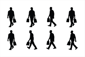 Men Walking with Shopping Bags Silhouettes - Consumer and Retail Vector Set