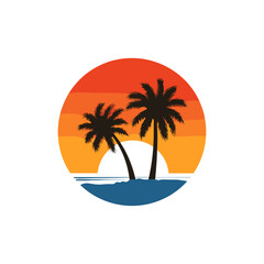 Minimal sunset beach scene with palm trees vector logo design on white background, transparent center, clean vector illustration style