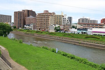 June 28, 2025, Morioka, Iwate Prefecture, Japan.The Kitakami River and the surrounding area of...