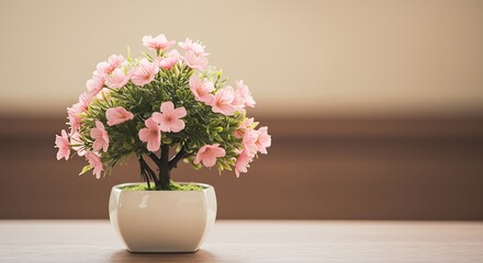 Fototapeta premium Miniature pink blossom tree in a white pot on a wooden surface