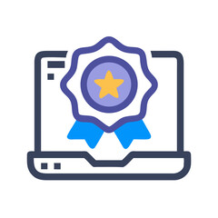 Laptop with achievement badge demonstrating excellence or a job well done in digital format