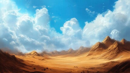 Naklejka premium A sunlit desert valley with cloudy sky and distant mountains