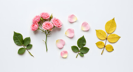Pink Roses Green and Yellow Leaves Flatlay flatlay
