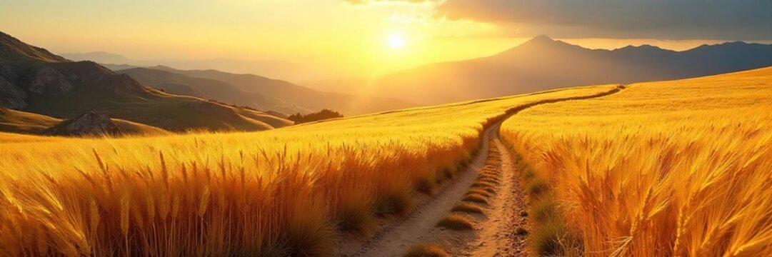 Sunlit path winding through a golden field of wheat towards a distant, sun-kissed mountain peak; conveying serenity, enlightenment, and spiritual journey , landscape, abundance, celestial