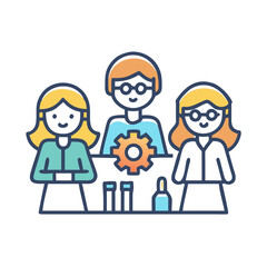 Three scientists working together in the laboratory with gear icon in flat design