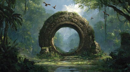 A mysterious circular stone portal carved with ancient runes glows faintly in a misty jungle. 