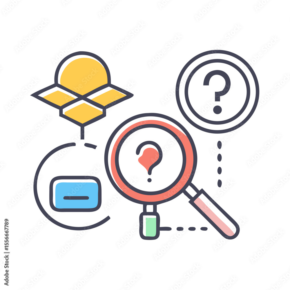 Poster finding solutions: a magnifying glass exploring ideas and question marks in a flat design style