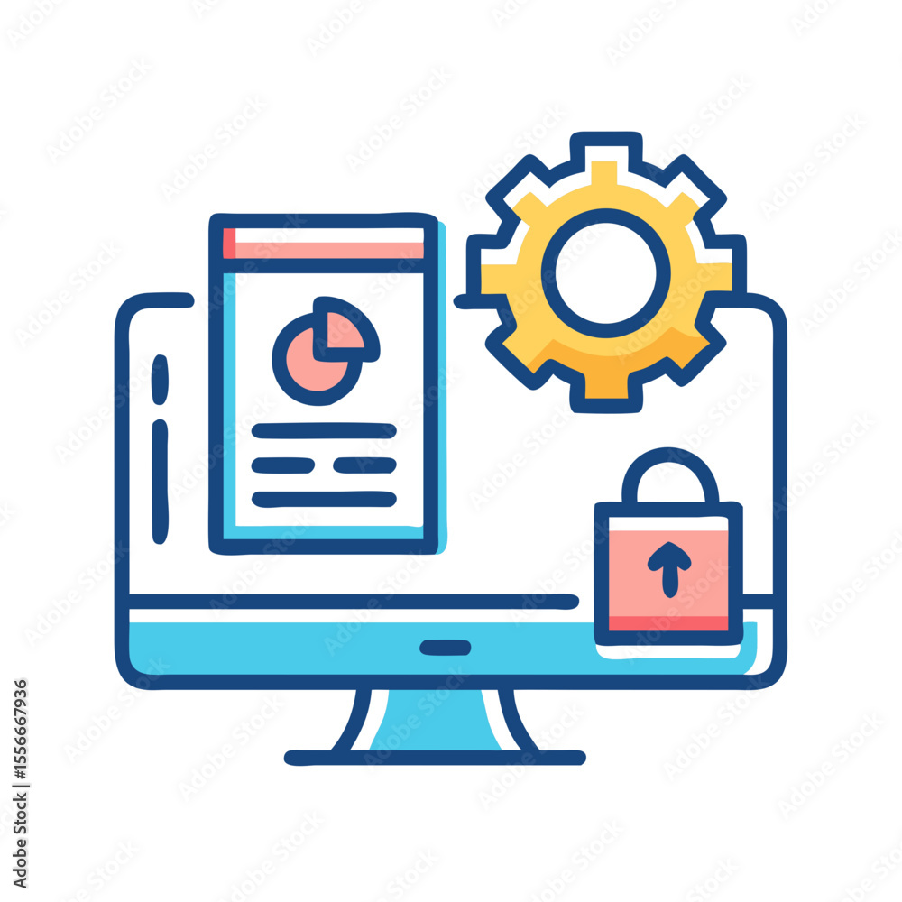 Poster digital security and data analysis on computer screen with cog and lock icon, flat style