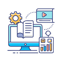 Technology and Automation Vector Illustration: Computer, Gear, Video, Document, Analytics for Business Solutions