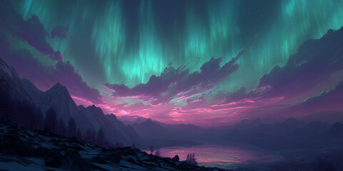 Aurora borealis in the night sky, magic landscape with lights
