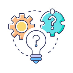 Gear, puzzle, and lightbulb icons representing problem-solving, solutions, and the development of new ideas