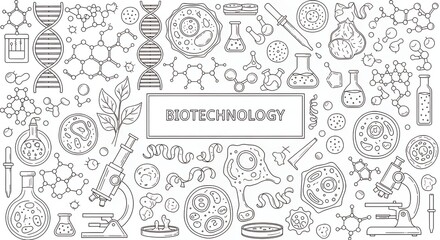 Seamless hand drawn biotechnology vector illustration featuring detailed DNA molecules cells lab equipment microscope research science education biology medicine background white