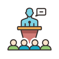 Conference Speaker at Podium Delivering Speech to Audience Illustration with Speech Bubble
