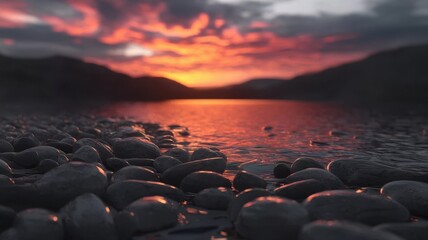 Obraz premium Sunset Serenity: Tranquil Lakeside with Pebbles reflecting the vivid sky, Nature