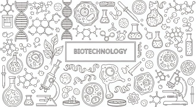 Seamless hand drawn biotechnology vector illustration featuring detailed DNA molecules cells lab equipment microscope research science education biology medicine background white