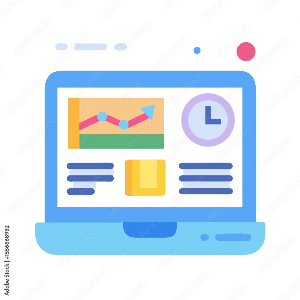 Poster laptop interface displaying graphs, data and time, suggesting online analytics and management