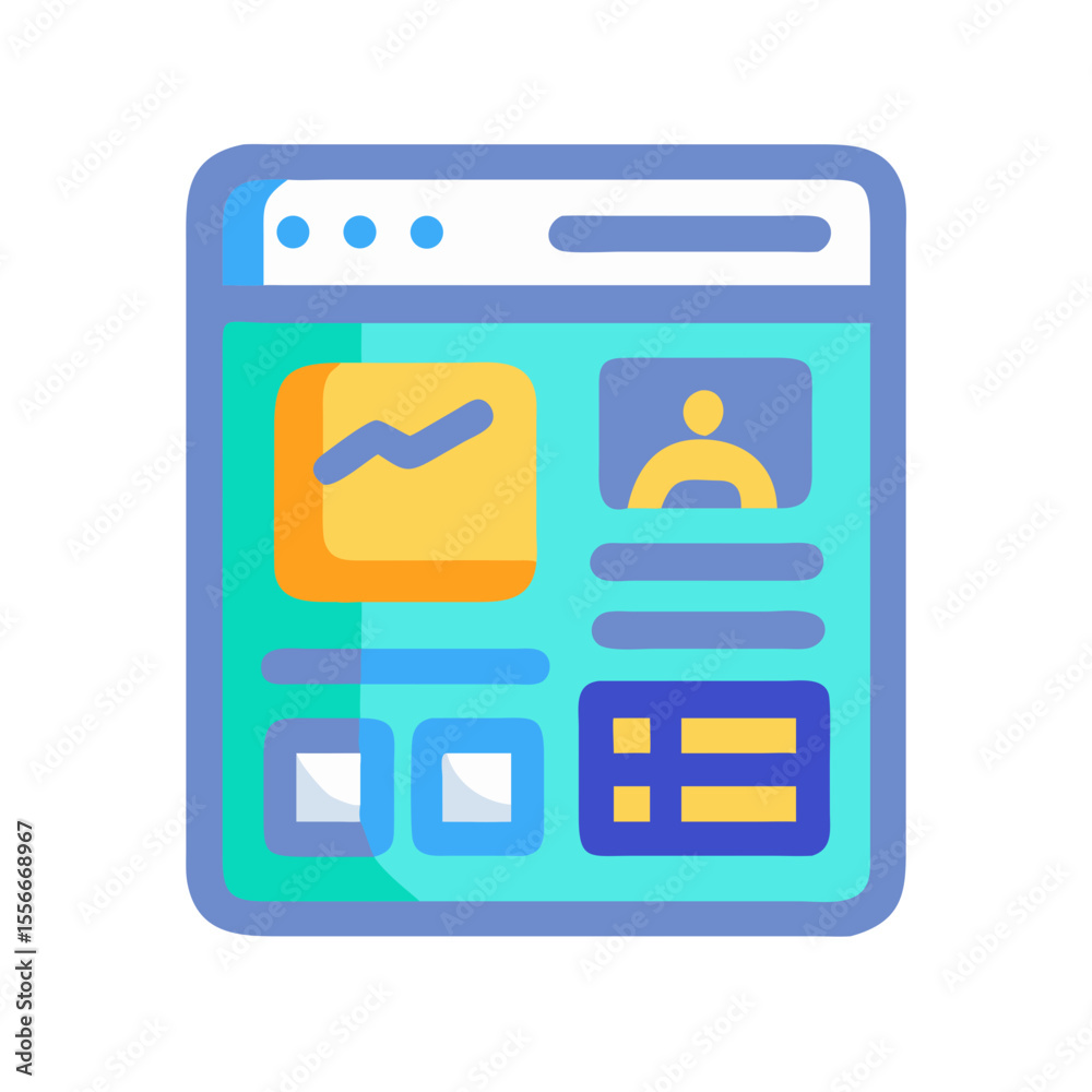 Poster digital interface mockup with chart, profile, and list elements on a web browser window.