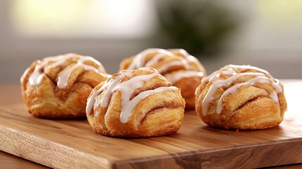 Fototapeta premium Freshly Baked Cinnamon Rolls with Icing on Smooth Wooden Surface, Perfect for Breakfast or Dessert, Tempting and Delicious Morning Treats