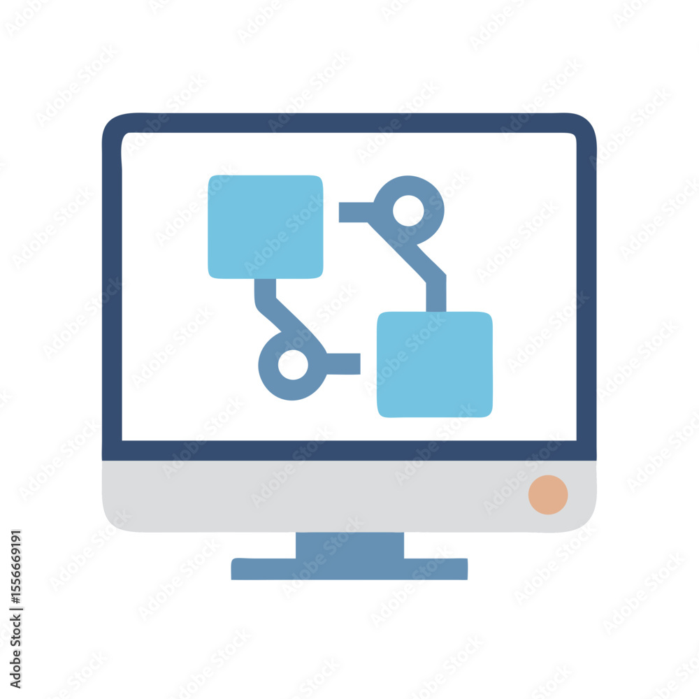Poster modern computer monitor displaying connection flowchart in soft blues on a black background