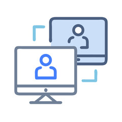 Conceptual image of online communication with two monitors showing abstract human figures